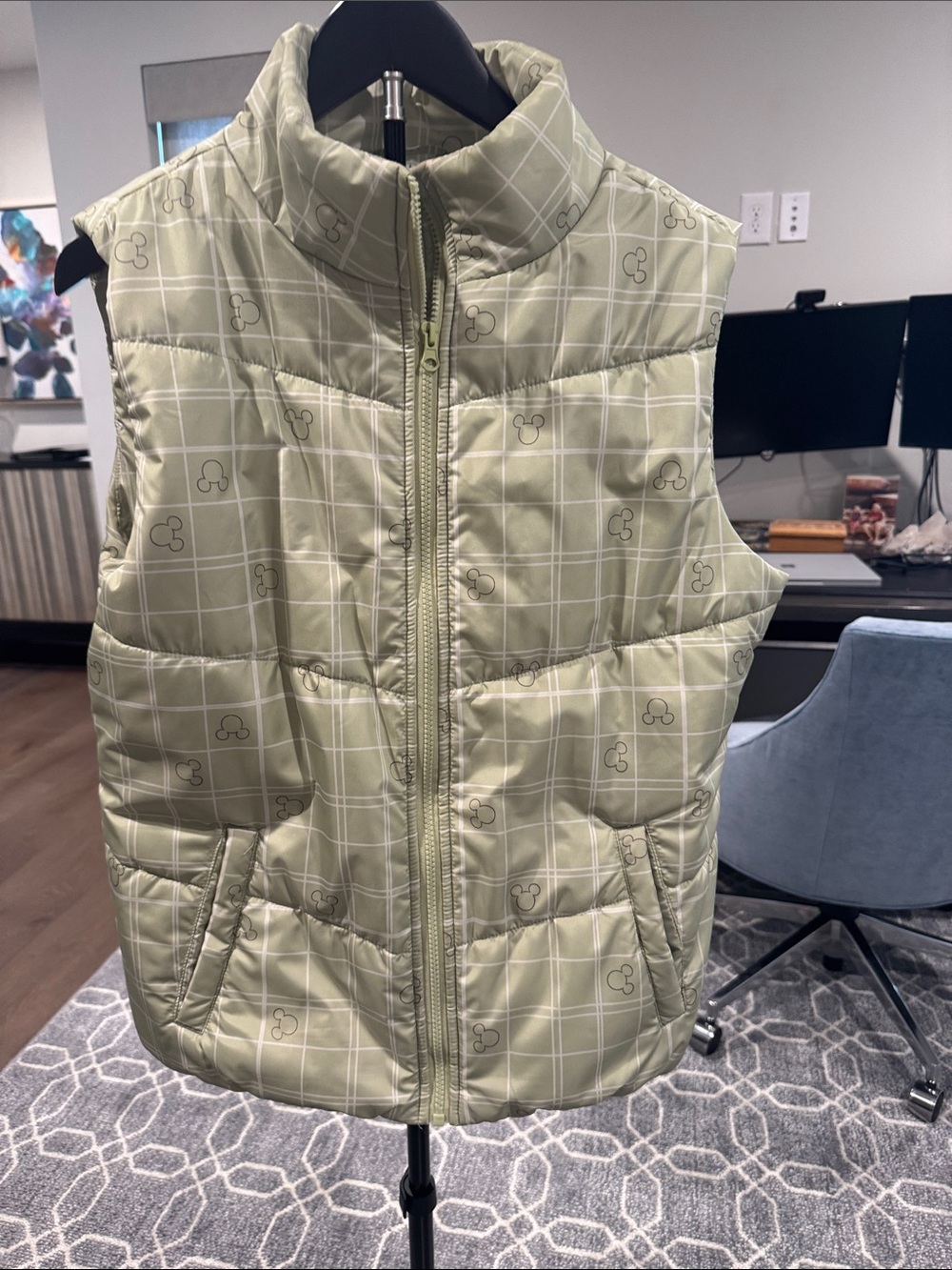 Disney Light Green Quilted Puffer Vest with Subtle Mickey Print